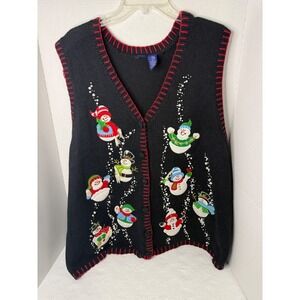 Basic Editions Womens 2X Black Snowman Embroidered Christmas Holiday Knit Vest